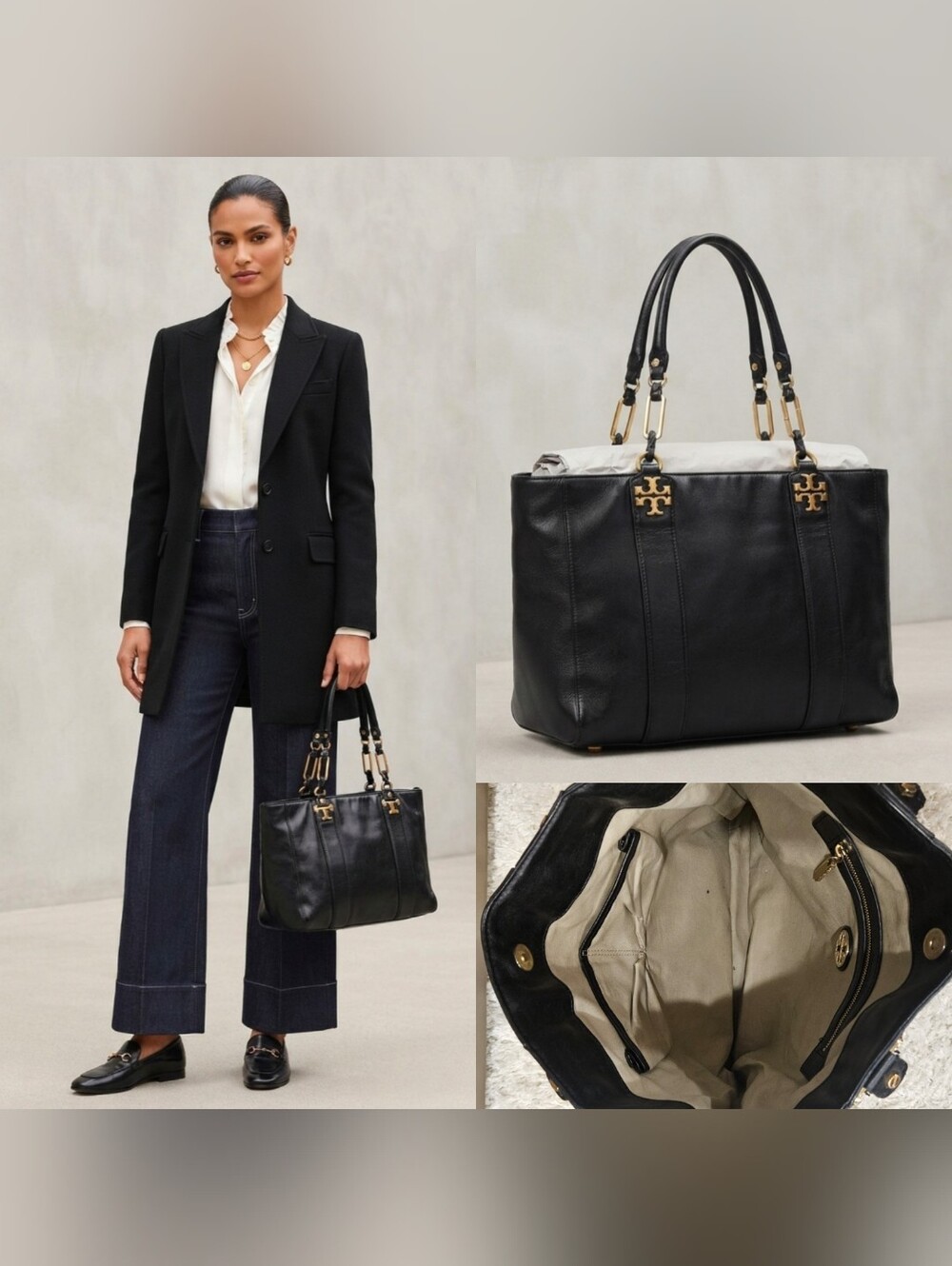 Tory Burch Black Leather Tote Bag Gold Hardware Shoulder Purse